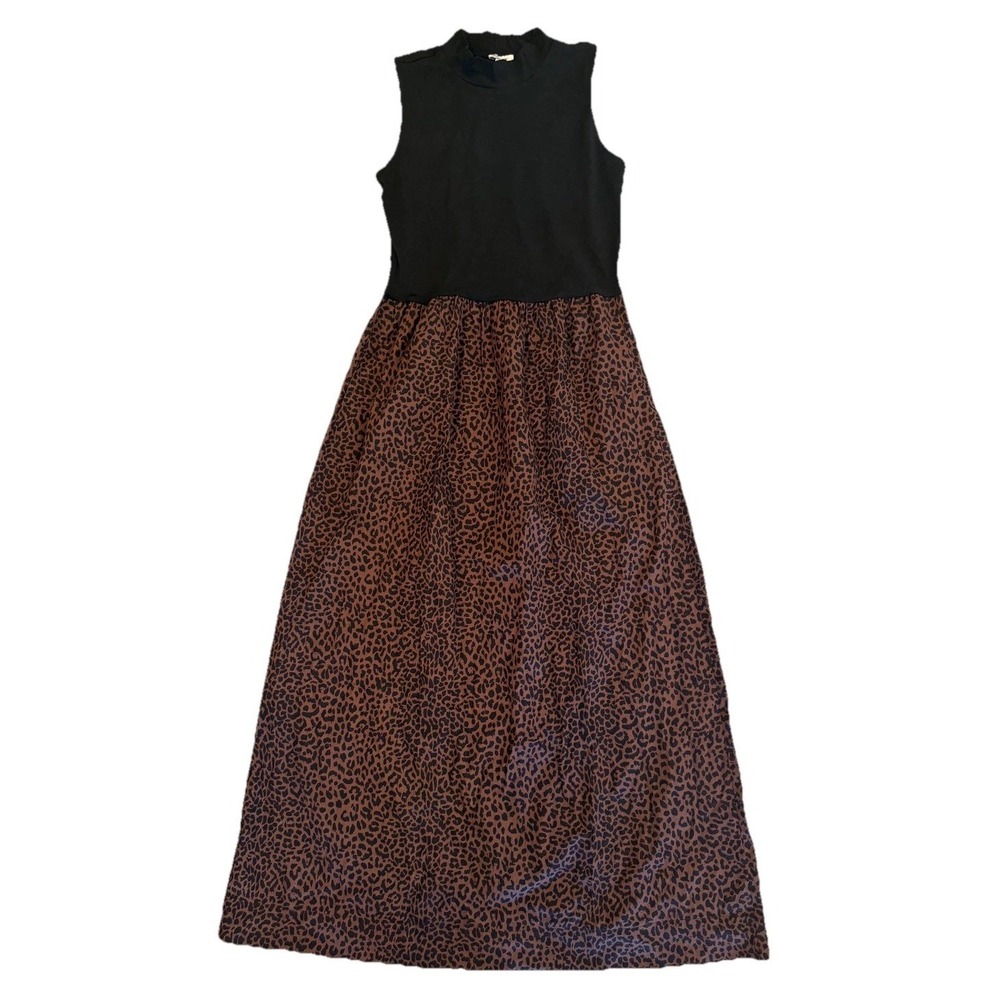 J Crew Dress Womens XS Black Leopard Print Mock Neck Sleeveless Long CN597